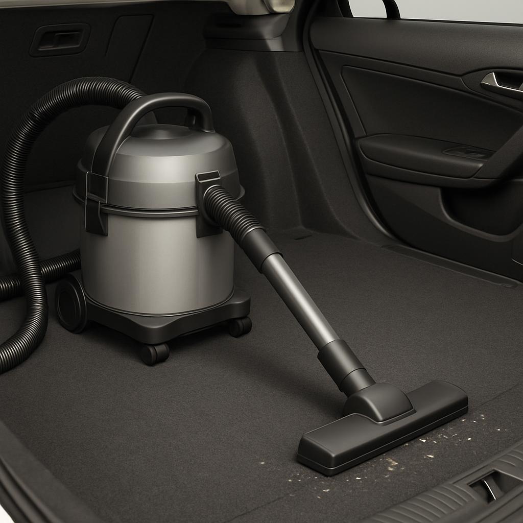 This appears to be an image of a powerful dust-removing vacuum cleaner machine, connected via a long, coiled hose to a sma...