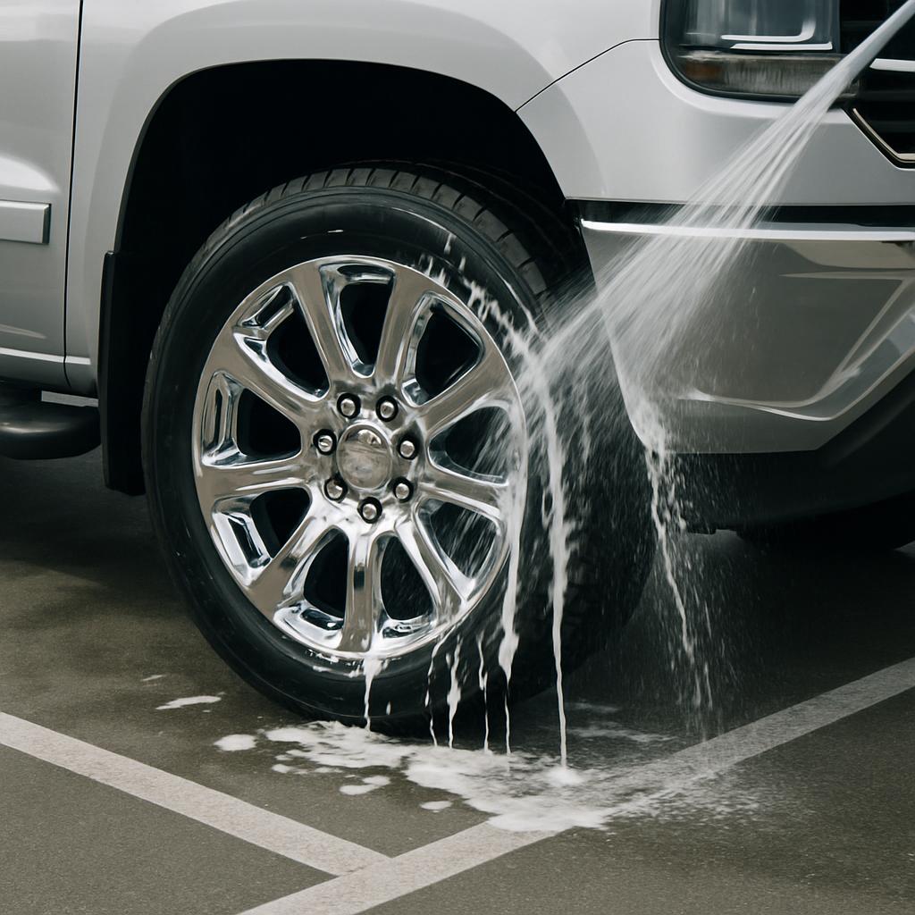 The alt text for the image is: "Close-up of a silver truck with a car wash soap suds in the intersection part to wash the ...
