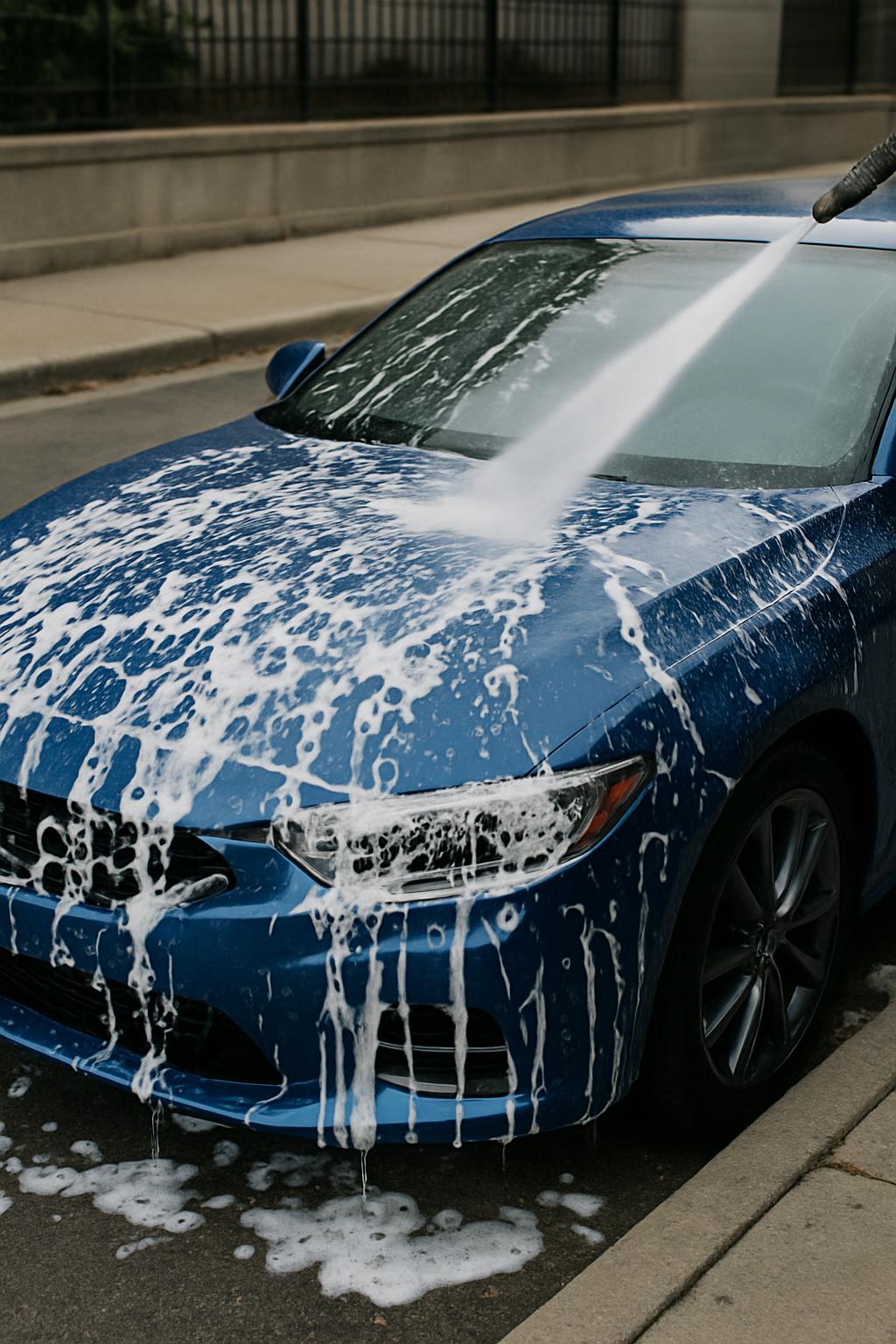 A blue car is being washed on a city street with soap suds all over the front end.