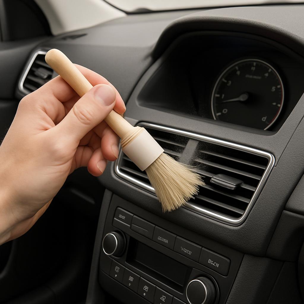 The cleaning brush, held by a human in a car, features partially exposed beige bristles, suited for navigating airflow ven...