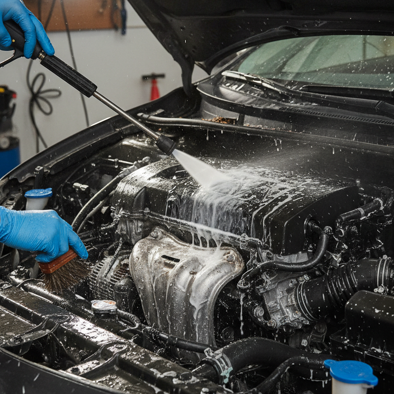 Car wash technician washing the engine of a car